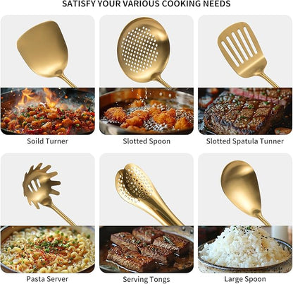 304 Stainlss Steel Matte Kitchen Utensils Set, 11 Pcs Long Metal Cooking Utensil Gadgets Tools Set with Spatula, Spoon, Ladle, Skimmer, Tunner, Pasta Server, Tongs(Gold, Dishwasher Safe) - Image 3
