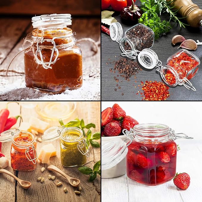 DHSBTLS 4 oz Mini Square Spice Jars, 24 Pack Glass Mason Jars with Airtight Hinged Lid, Leak Proof Storage Container for Spices, Honey, Food Bottles with Silicone Funnel and 40 Labels &Chalkboard Pen