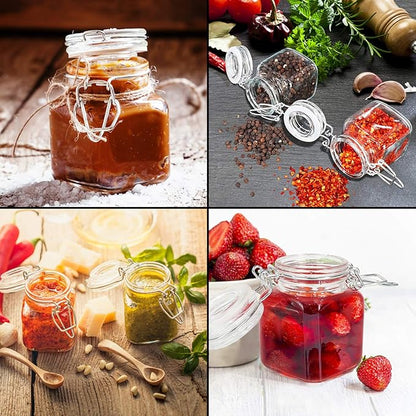 DHSBTLS 4 oz Mini Square Spice Jars, 12 Pack Glass Mason Jars with Airtight Hinged Lid, Leak Proof Storage Container for Spices, Honey, Food Bottles with Silicone Funnel and 40 Labels &Chalkboard Pen