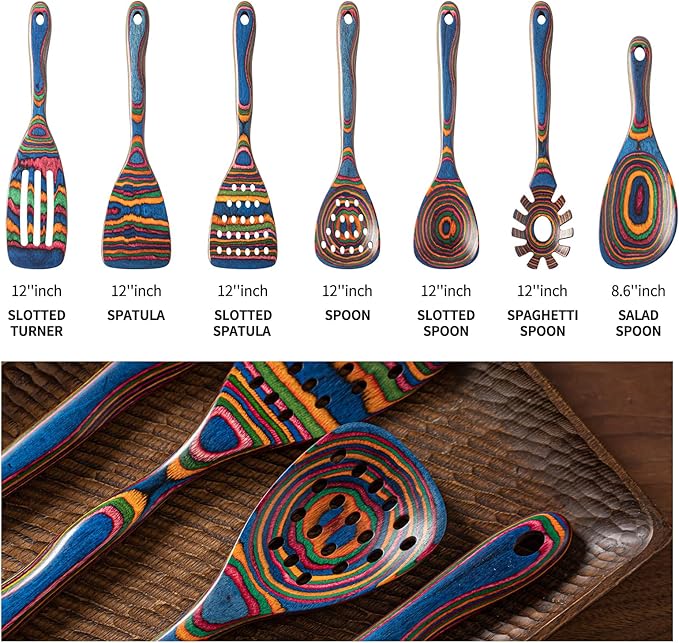 Gudamaye Pakka wood 7-Piece Blue Wooden Cooking Utensils, Wooden Spoons for Cooking, Wooden Spoon Set, Wooden Kitchen Utensil set, Pakkawood Cooking Spoons, Non-Stick Spoon,Pakkawood kitchen utensils - Image 3