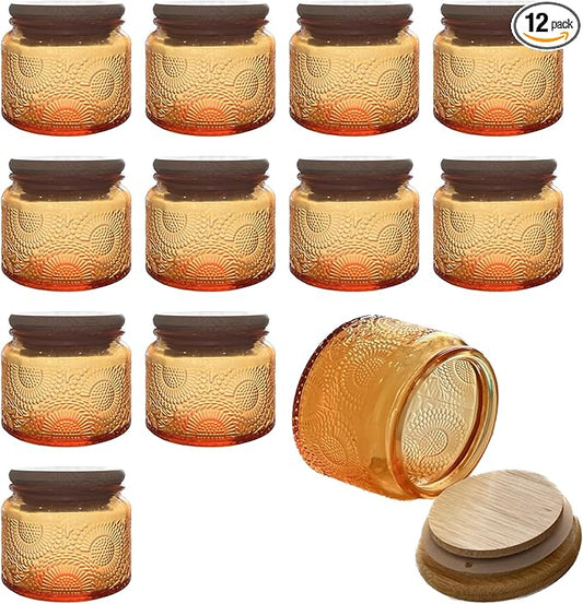 4 oz Amber Mini Glass Jars with Airtight Bamboo Lids 12 pack, Decorative Small Food Storage Canister, Vintage Embossed Home Décor Candle Parties Wedding Baby Shower Favors Gift