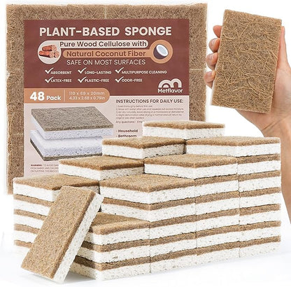 Metflavor 48 Pack Natural Kitchen Sponges, Biodegradable Non-Scratch Cellulose Sponge with Coconut Scrubber for Dishes, Compostable, Non Toxic Cleaning Sponges for Kitchen, Bathroom, Household
