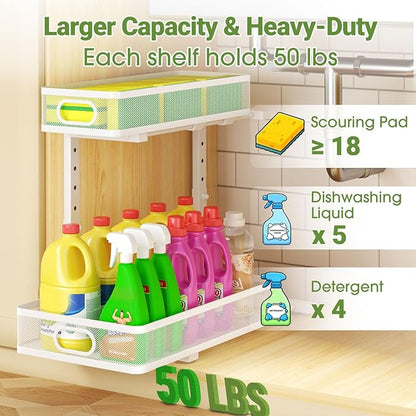 Under Sink Organizer 4-Pack, Metal 2-Tier Pull-Out Cabinet Shelf with Slide-Out Mesh Drawers, Height Adjustable, Space-Saving Storage Racks for Kitchen, Bathroom, Laundry Room, White