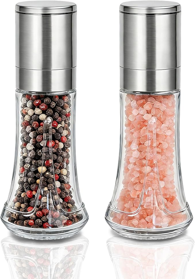 Aelga Salt and Pepper Grinder Set - 4oz Glass Manual Pepper Mill with 5-Level Adjustable Coarseness, Refillable Salt Grinder for Kitchen, Modern Kitchen Gift Set with Silicone Funnel by Aelga