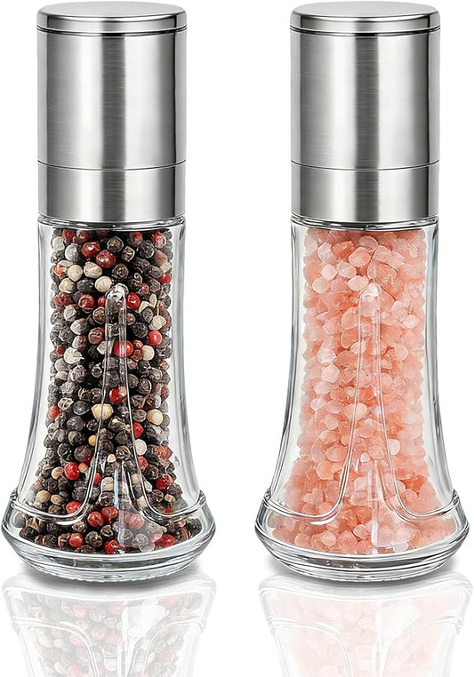 Aelga Salt and Pepper Grinder Set - 4oz Glass Manual Pepper Mill with 5-Level Adjustable Coarseness, Refillable Salt Grinder for Kitchen, Modern Kitchen Gift Set with Silicone Funnel by Aelga