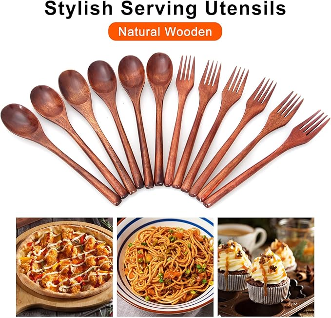 12 Pieces Wooden Forks and Spoons for Eating Utensil Set Lunch Wooden Cutlery Japanese Silverware Sets Flatware Reusable Bamboo Small Utensils Korean Mini Wooden Spoon Fork Set - Image 2