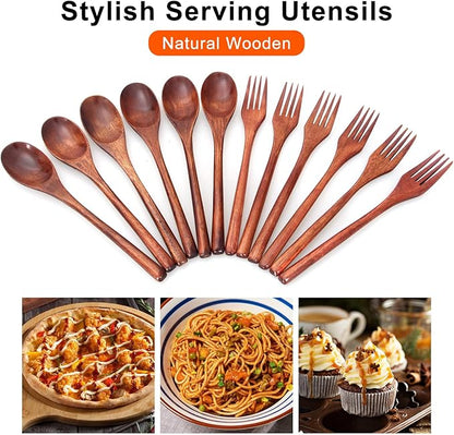 12 Pieces Wooden Forks and Spoons for Eating Utensil Set Lunch Wooden Cutlery Japanese Silverware Sets Flatware Reusable Bamboo Small Utensils Korean Mini Wooden Spoon Fork Set - Image 2