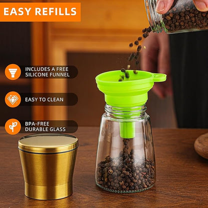 DAVIMADE Premium 2pk Gold Salt and Pepper Grinder Set, Manual Grinder Adjustable Coarseness Ceramic Blades, Bonus Silicone Funnel-Short Gold Kitchen Accessories