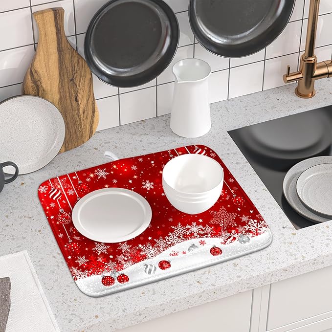 Giwawa Xmas Balls Dish Drying Mat for Kitchen Countertop Winter Red White Snowflakes Dish Drainer Mats 16x18inch Reversible Dish Drying Rack Pad Protector for Dining Holiday New Year Decor