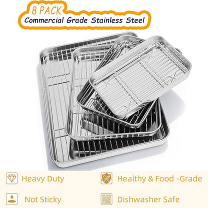Baking Sheet Pan Set of 8, CEKEE Stainless Steel Cookie Sheets for Baking with Cooling Rack, Small/Quarter/Jelly Roll Pans, 9/10/12/16 Inch, 0.8mm Thick Heavy Duty & Non Toxic & Easy Clean - Image 2