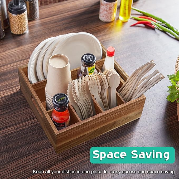 ALELION Acacia Wood Utensil Holder for Party - Paper Plate Organizer for Countertop - Silverware Caddy with 6 Compartments for Plate, Cup, Fork, Spoon - Cutlery Holder for Kitchen Camping Buffet - Image 5
