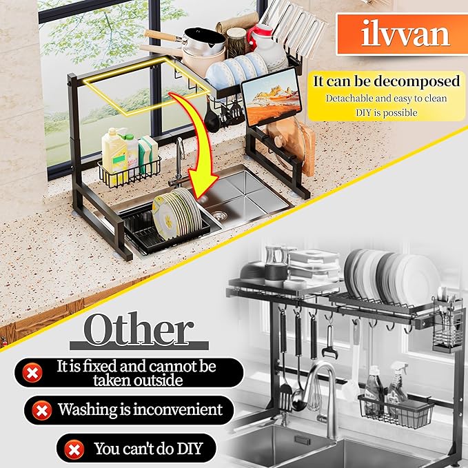 ilvvan Over Sink Dish Drying Rack (Expandable Height/Length) Snap-On Design Large Dish Drainer Storage Counter Organizer 24" - 35.5"(L) x 12"(W) x 19" - 22"(H) - Image 4