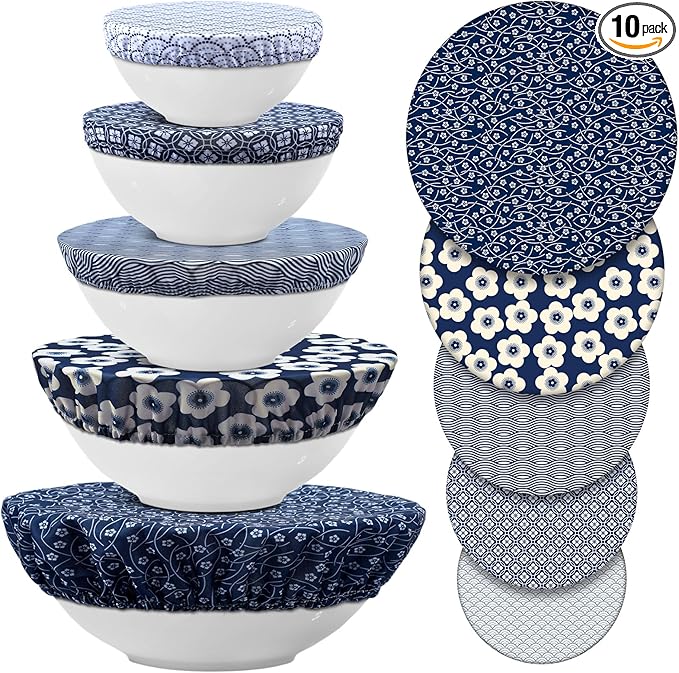 Patelai 10 Pcs Bowl Covers Reusable in 5 Size Stretch Cloth Fabric Elastic Food Storage Bowl Covers Bread Sourdough Lids for Proofing Food Fruits Leftover(Blue White,Geometric Style) by Patelai