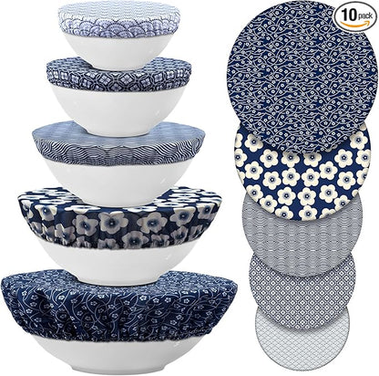 Patelai 10 Pcs Bowl Covers Reusable in 5 Size Stretch Cloth Fabric Elastic Food Storage Bowl Covers Bread Sourdough Lids for Proofing Food Fruits Leftover(Blue White,Geometric Style) by Patelai