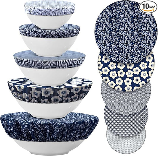 Patelai 10 Pcs Bowl Covers Reusable in 5 Size Stretch Cloth Fabric Elastic Food Storage Bowl Covers Bread Sourdough Lids for Proofing Food Fruits Leftover(Blue White,Geometric Style) by Patelai