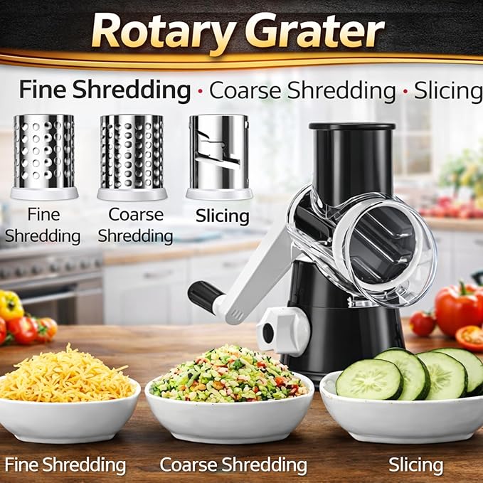 Manual Rotary Cheese Grater for Kitchen, Vegetable Slicer, 3-in-1 Hand Crank Food Shredder for Cheese, Vegetables & Nuts, Stainless Steel Blades, Strong Suction Base, BPA-Free - Image 2