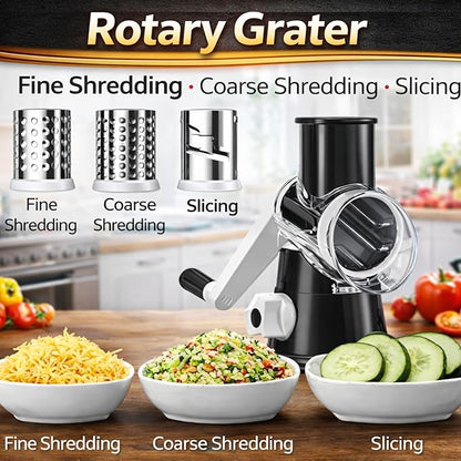 Manual Rotary Cheese Grater for Kitchen, Vegetable Slicer, 3-in-1 Hand Crank Food Shredder for Cheese, Vegetables & Nuts, Stainless Steel Blades, Strong Suction Base, BPA-Free - Image 2