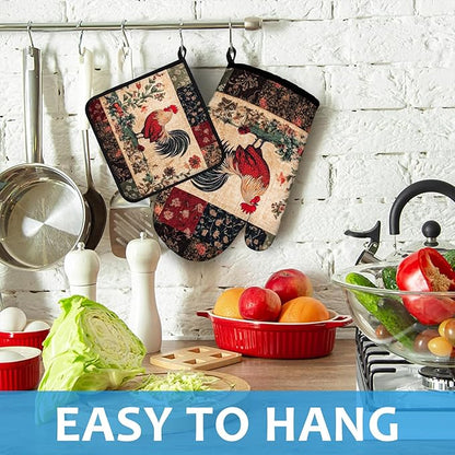 Rustic Rooster Oven Mitts and Pot Holders Sets Heat Resistant 4Pcs Potholders Oven Gloves Hot Pads for Kitchen Baking Cooking Grilling BBQ