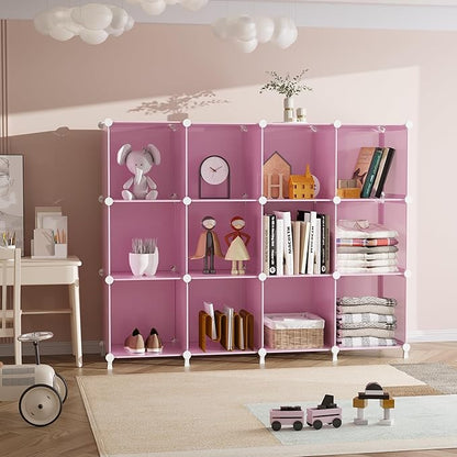 AWTATOS Cube Storage Organizer Protable Closet Organizers and Storage for Kids DIY Stackable 12 Cube Storage Shelves Clothes Organizer for Bedroom, Home, Pink - Image 4