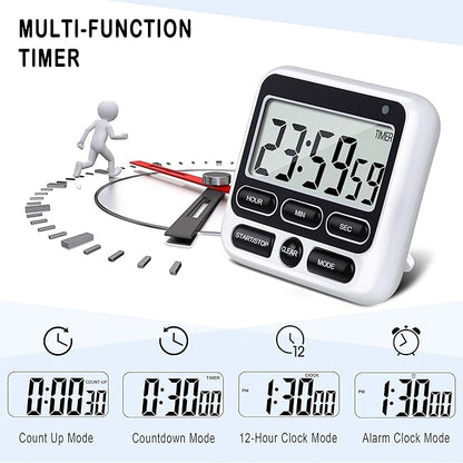 KTKUDY Digital Kitchen Timer with Mute/Loud Alarm Switch ON/Off Switch, 12-Hour Clock & Alarm, Memory Function Count Up & Count Down for Kids Teachers Cooking, Large LCD Display, Strong Magnet (Black) - Image 4