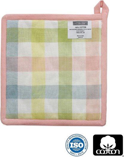 COTTON CRAFT Oven Mitt and Pot Holder Set - Gingham Buffalo Check 2 Oven Mitts 2 Pot Holders Set - Easter Spring Cotton Extra Long Mitt - Insulated Heat Resistant Quilted Kitchen Glove - Yellow Multi - Image 5