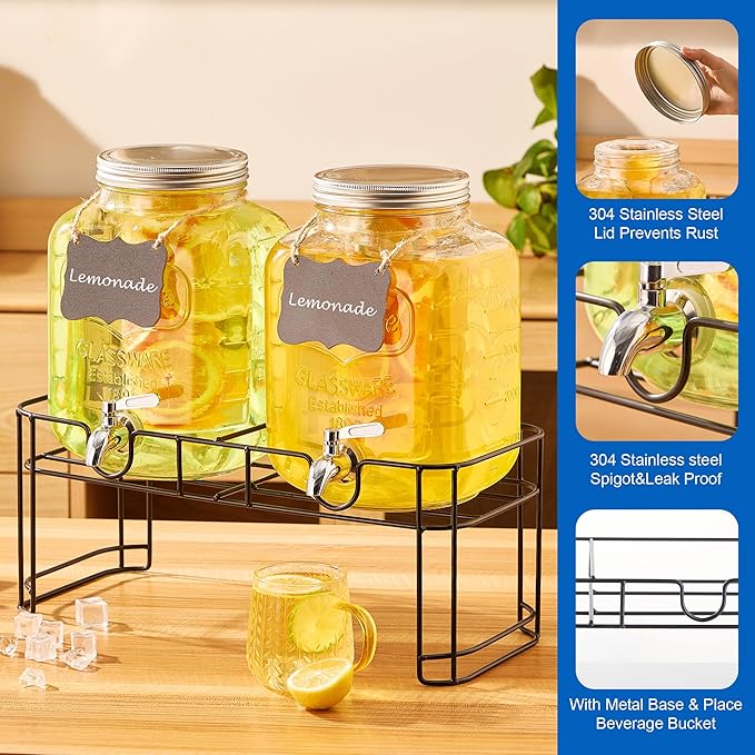 1.5 Gallon Glass Drink Dispensers for Parties, 2PACK Beverage Dispenser with Stand, Ice Cylinder and Stainless Steel Spigot 100% Leakproof, Beverage Dispenser for Lemonade Sun Tea - Image 3
