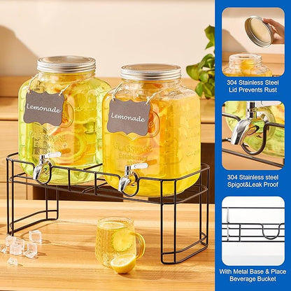 1.5 Gallon Glass Drink Dispensers for Parties, 2PACK Beverage Dispenser with Stand, Ice Cylinder and Stainless Steel Spigot 100% Leakproof, Beverage Dispenser for Lemonade Sun Tea - Image 3
