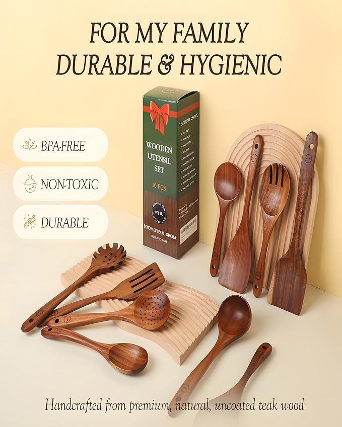 10-Piece Natural Teak Wood Utensil Set - Nonstick Cooking Spoons & Spatulas, Heat Resistant Kitchen Tools - Image 5