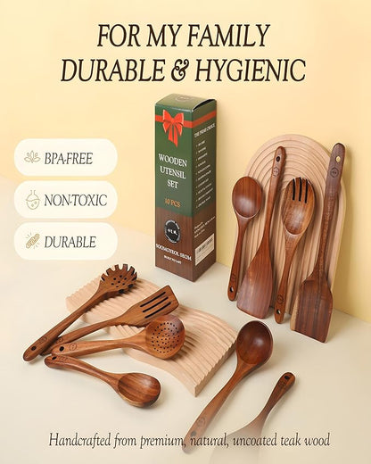 10-Piece Natural Teak Wood Utensil Set - Nonstick Cooking Spoons & Spatulas, Heat Resistant Kitchen Tools - Image 5