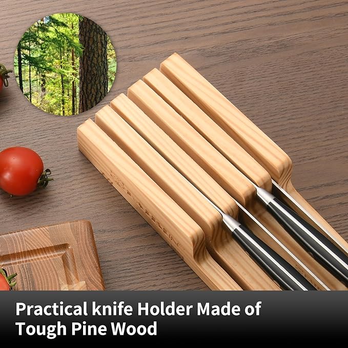 In-Drawer Knife Block with 5 Pieces Knives, Bamboo Knife Drawer Organizer for Kitchen, Perfect for Home and Chefs, Premium Knife Holder, Slots for 5 Knives Kitchen Drawer, Counter Top - Chef Gift Idea - Image 6