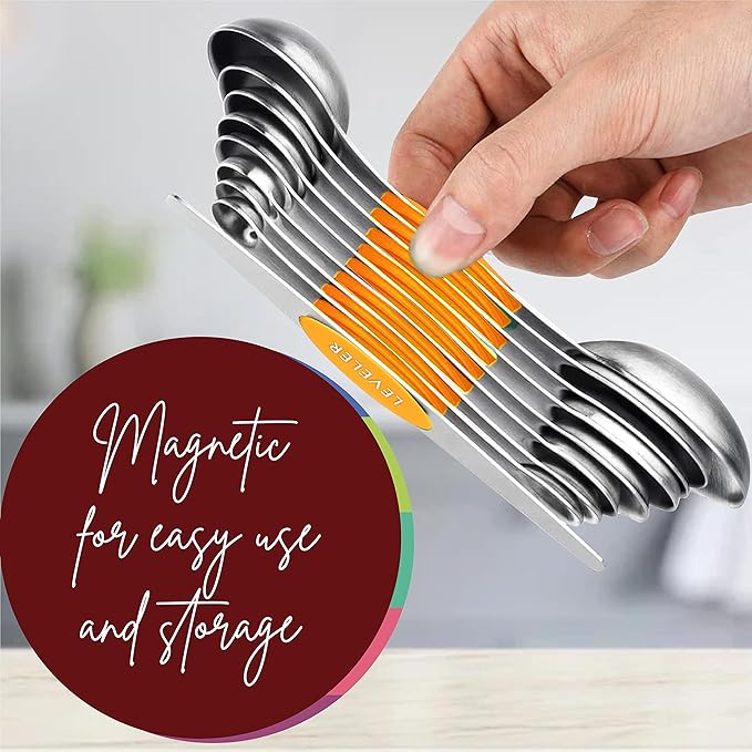 Magnetic Measuring Spoons Set of 9 Stainless Steel Dual-Sided Stackable Measuring Spoon Nesting Teaspoons Measuring Dry and Liquid Ingredients, Fits in Spice Jars Set of 9 (Orange) - Image 4