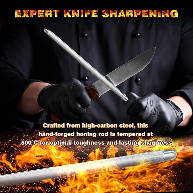 Knife Sharpener Rod, Kitchen Knives Sharpener Carbon Steel Professional Knife Sharpening Steel, Honing Rod with Hanging Holes (13 inches) - Image 2