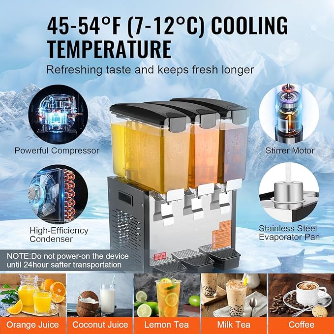 VEVOR Commercial Beverage Dispenser, 3 Tanks 10 L / 10.6 QT Per Tank Juice Dispenser, 440W Stainless Steel Ice Tea Drink Machine with 45°F-54°F Cooling Temperature, for Cold Drink Restaurant Bar Party - Image 3