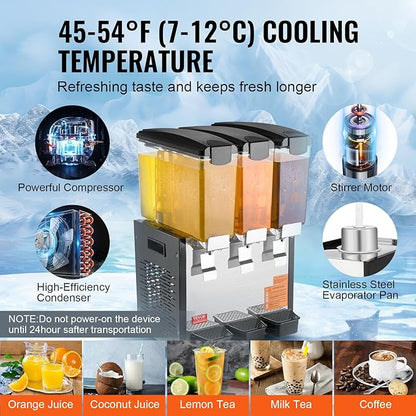VEVOR Commercial Beverage Dispenser, 3 Tanks 10 L / 10.6 QT Per Tank Juice Dispenser, 440W Stainless Steel Ice Tea Drink Machine with 45°F-54°F Cooling Temperature, for Cold Drink Restaurant Bar Party - Image 3