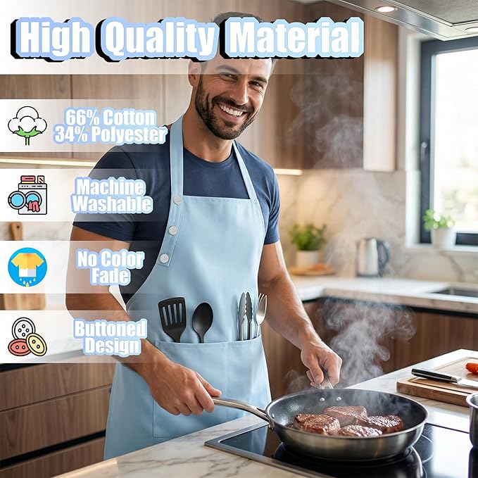 TOSHE Kitchen Apron Waterdrop Resistant Cotton Apron with adjustable Aprons for Women with Pockets 10 Color option Cooking Apron Light Blue (Light Blue) - Image 3