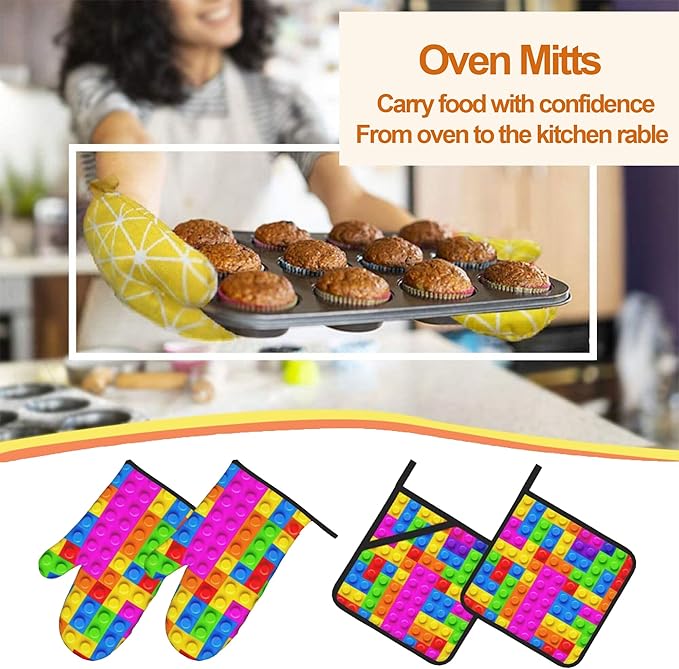 Autism Jigsaw Puzzle Oven Mitts & Potholder Set of 4 - Heat Resistant Kitchen Gloves Hot Pads for Baking, Cooking, Gifts for Women