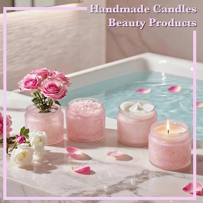 4 oz Pink Glass Jars with Airtight Bamboo Lids 6 pack, Decorative Small Food Storage Canister, Vintage Embossed Home Décor Candle Parties Wedding Baby Shower Favors Gift