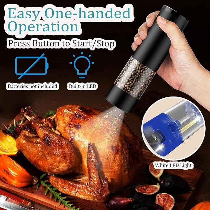 Electric Salt and Pepper Grinder, Automatic Battery Pepper Mill Shakers, Adjustable Coarseness, One-Button Control, Easy Filling Larger Capacity with Led Light for Home Kitchen Appliances, Black