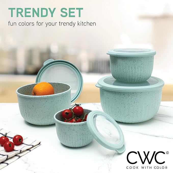 COOK WITH COLOR Prep Bowls with Lids- Wide and Deep Nesting Plastic Small Mixing Bowl Set with Lids, 8 Piece Set - Deep Bowls, Speckled Mint - Image 2