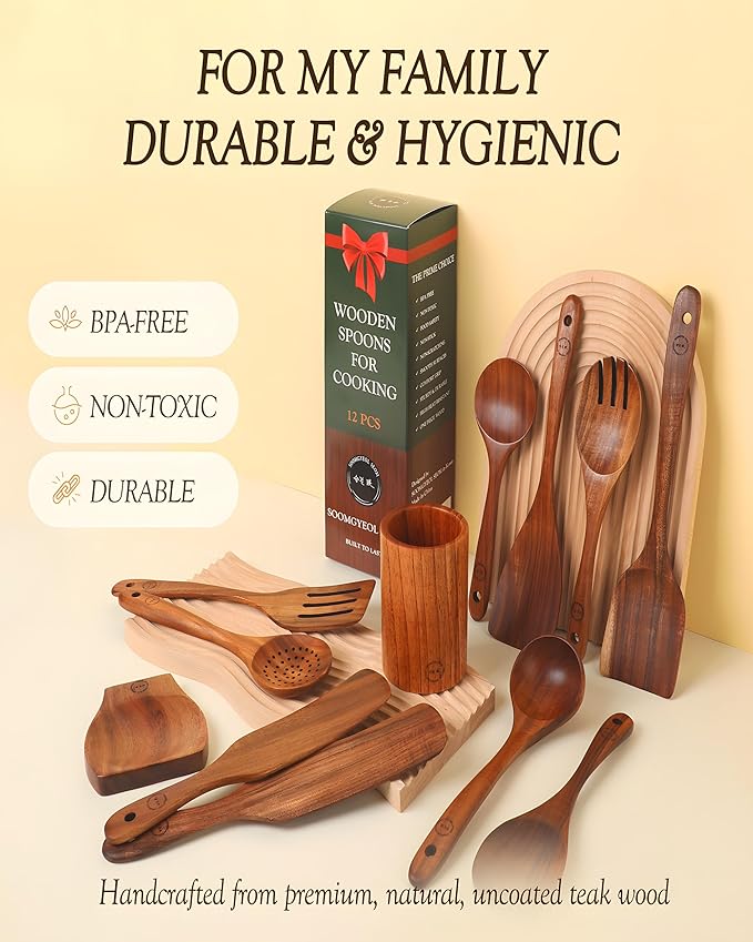 12-Piece Natural Teak Wood Utensil Set with Holder & Rest - Nonstick Cooking Spoons, Spurtles, Heat Resistant Tools - Image 5