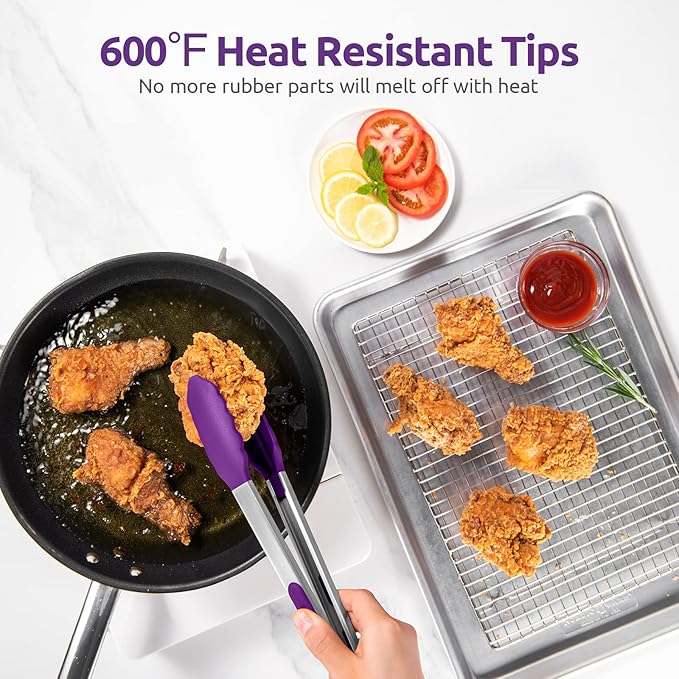 600ºF Heat Resistant Kitchen Tongs: U-Taste 12 inch Large Silicone Cooking Tong with Sturdy Non Stick Rubber Tips & Silicon Coated 18/8 Stainless Steel Handle & Smooth Locking for Serving Grill-Purple - Image 3