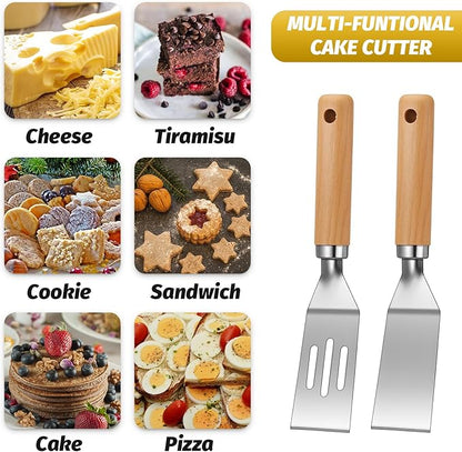 Patelai 2 Pack Small Spatula Mini Serving Brownie Spatula for Serving and Flipping Cooking Pancakes Desserts Cookie Eggs Lasagna (Solid,Slotted,Wooden Handle)