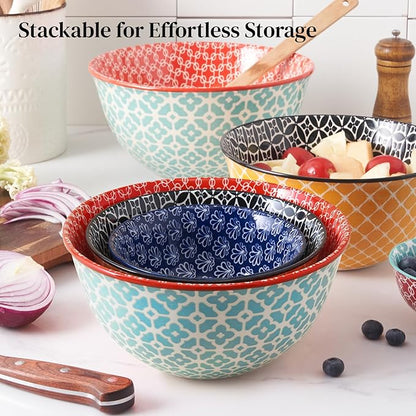 DOWAN Mixing Bowls, Ceramic Mixing Bowls for Kitchen, Colorful Vibrant Nesting Bowls for Cooking, Baking, Prepping, Serving, Salad, Housewarming Gift, Microwave Dishwasher Safe, 3.7/2/1 Qt, Set of 3 - Image 5