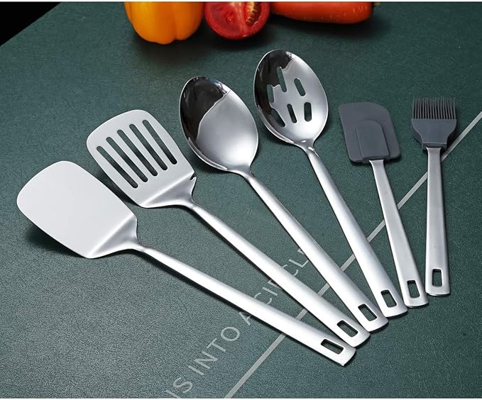 Cooking Spoon, Berglander 6 Pieces Spatula Set Stainless Steel, Metal Spatula, Serving Spoon, Kitchen Tools Set Non-Stick And Heat Resistant, Dishwasher Safe, Easy to Clean (6 Packs) - Image 3