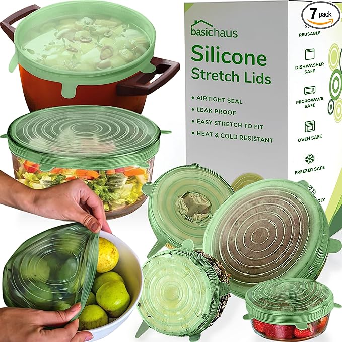 Reusable Silicone Stretch Lids for Food Storage in Fridge - Elastic Heat-Resistant Bowl Covers, Cups, Cans, Jars - Universal Food Grade Lid for Containers - 7 Pack - Light Green Stretchy Lid Set by BasicHaus