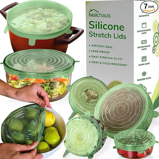 Reusable Silicone Stretch Lids for Food Storage in Fridge - Elastic Heat-Resistant Bowl Covers, Cups, Cans, Jars - Universal Food Grade Lid for Containers - 7 Pack - Light Green Stretchy Lid Set by BasicHaus