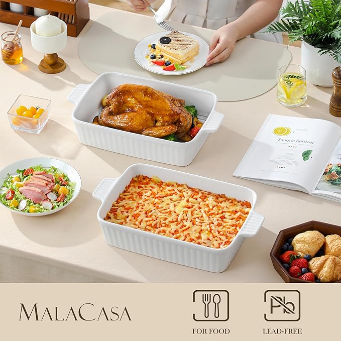 MALACASA 4.4 QT Baking Dish with Rack, 9x13 Large Casserole Dish for Oven, Ceramic Baking Pan with Rack, Rectangular Lasagna Pan Deep with Handles for Baking, Durable Microwave Oven Safe, White - Image 3