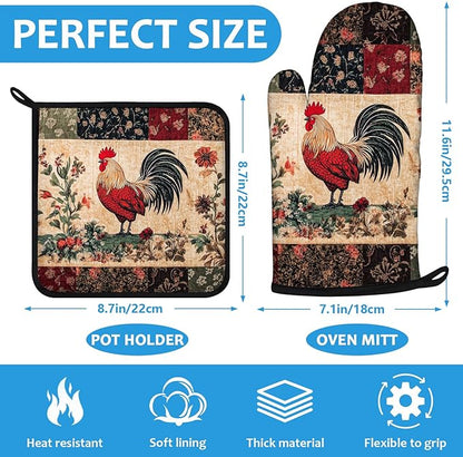 Rustic Rooster Oven Mitts and Pot Holders Sets Heat Resistant 4Pcs Potholders Oven Gloves Hot Pads for Kitchen Baking Cooking Grilling BBQ