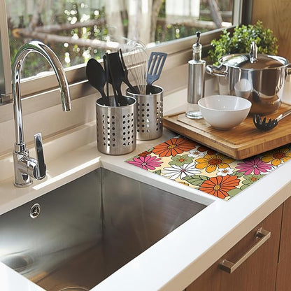 Retro 70s Groovy Flowers Dish Drying Mats 18x24 Inch,Daisy Boho Dish Pad Drying Rack Mat for Kitchen Counter Ultra Absorbent Microfiber Dishware Coffee Maker Bar Countertop Decor