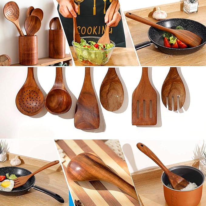Teak Wooden Kitchen Utensil Set - 7Pcs Wooden Cooking Utensils Including Spatula - Image 6